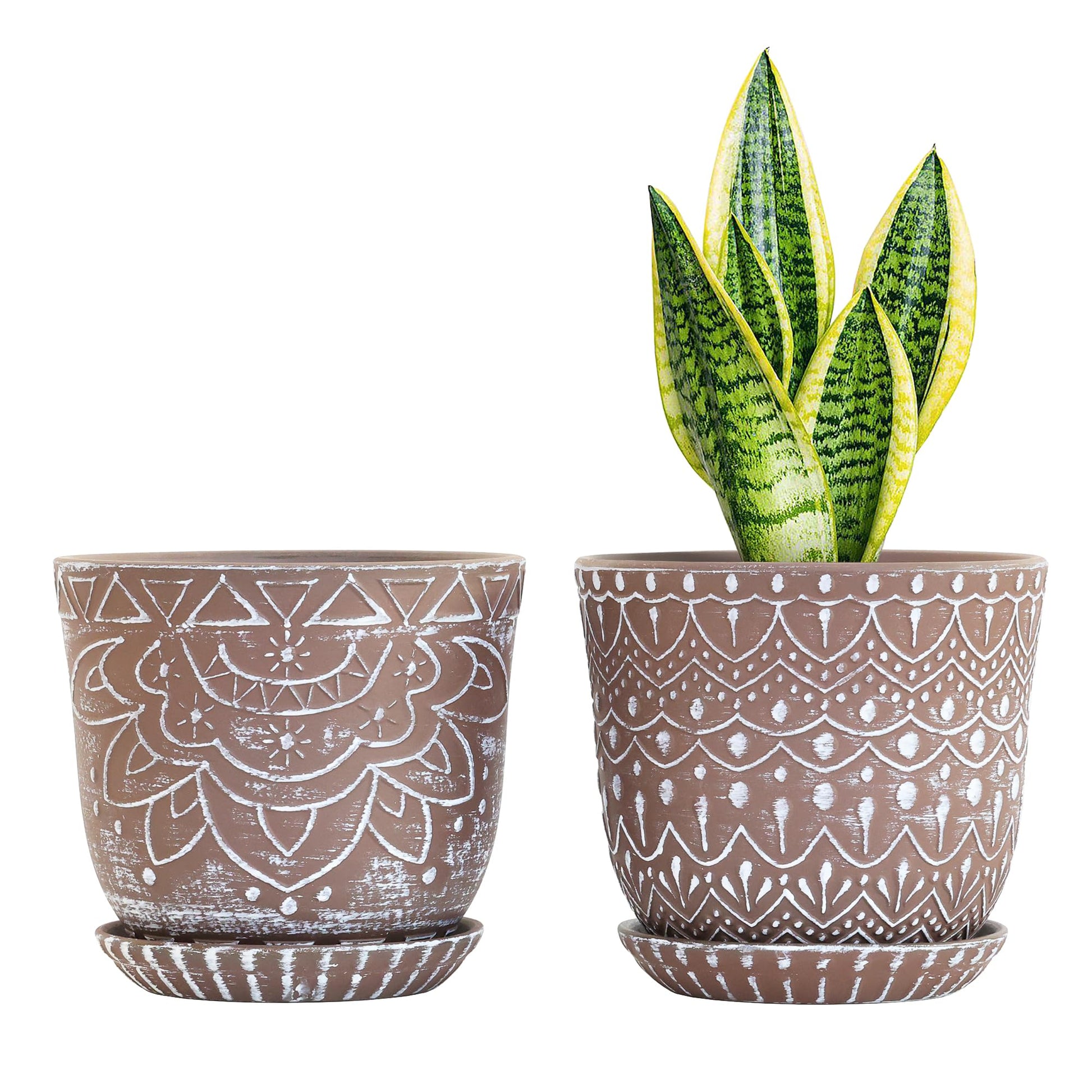 Gepege 6 Inch Beaded Ceramic Planter Set of 2 with Drainage Hole and Saucer for Plants, Indoor-Outdoor Large Round Succulent Orchid Flower Pot (Smoked Gray, Inner-pots not Larger Than 5 Inch)