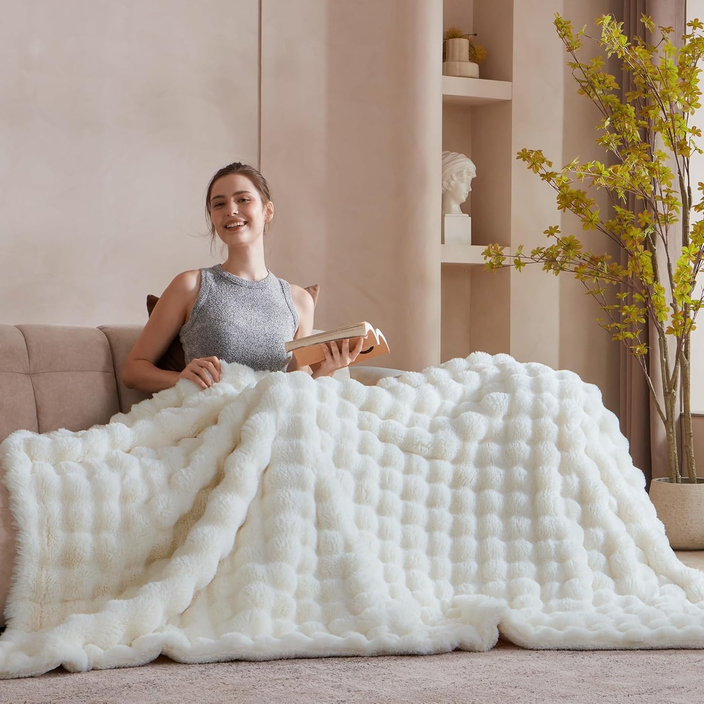 50x60 Inches Ultra-Soft Fuzzy Faux Fur Plush Throw Blanket - Thick, Warm Sherpa for Couch, Sofa, Bedroom, Camping - Decorative Blanket for Cozy Warmth, Bubble Ivory White