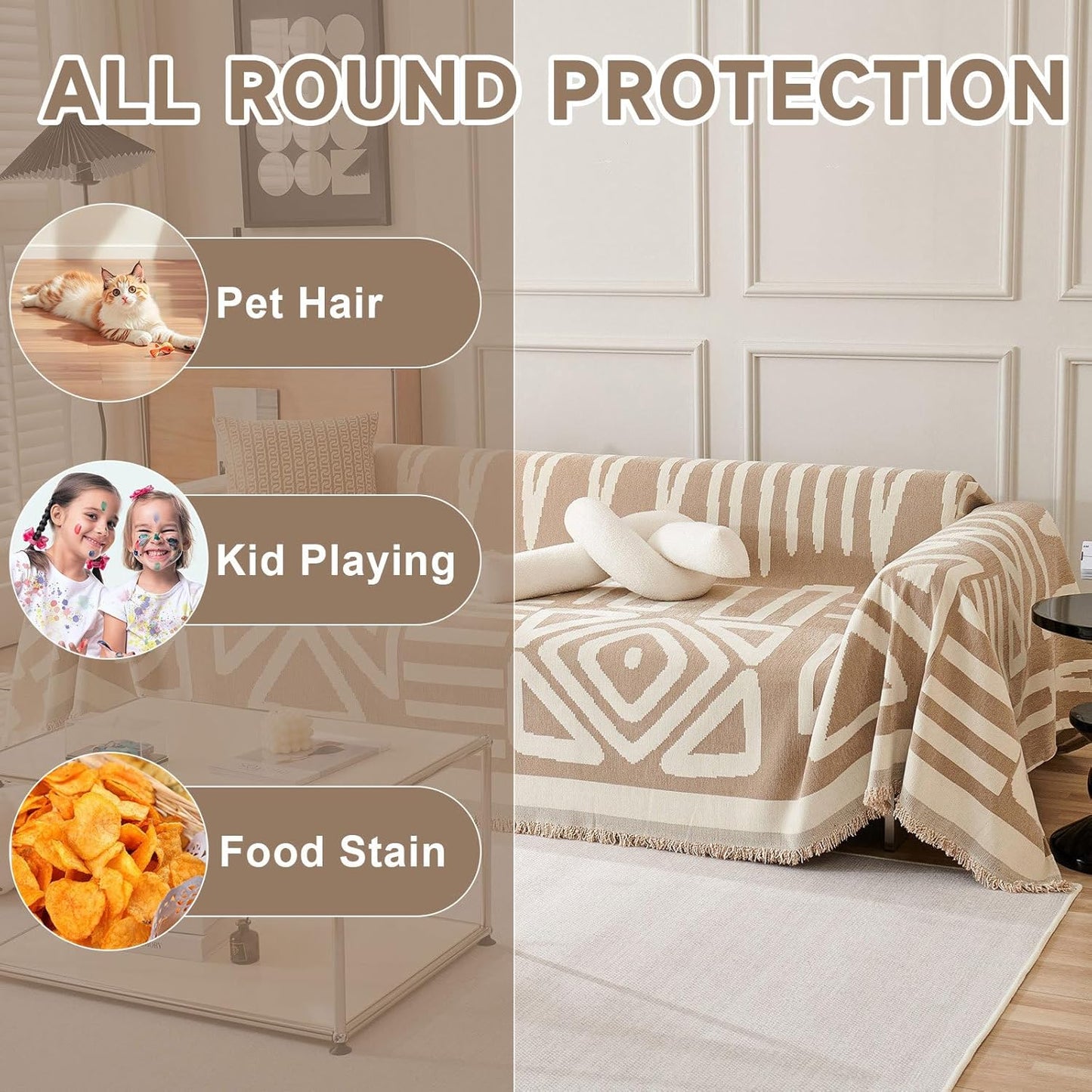 VClife Boho Couch Cover for 3 Cushion Couch Chenille Sofa Cover Sectional Sofa Cover for Dog, Modern Khaki Sofa Slipcover Washable Couch Covers for L-Shape Sofa Reversible Sofa Protector 71''x134''