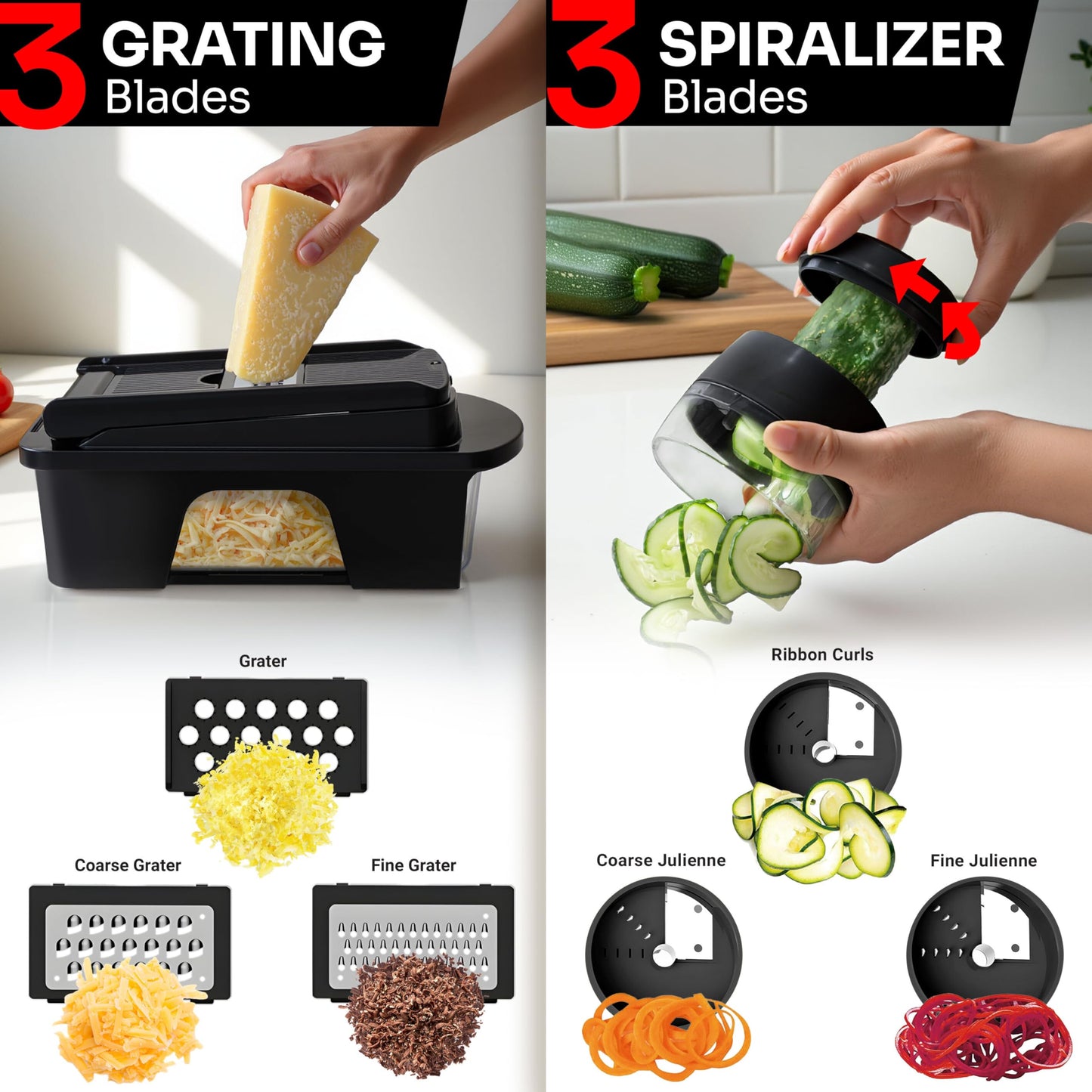 Mueller Pro-Series All-in-One, 12 Blade Mandoline Slicer for Kitchen, Food Chopper, Vegetable Slicer and Spiralizer, Cutter, Dicer, Grater, Kitchen Gadgets Sets with Container, White Sand/Gray