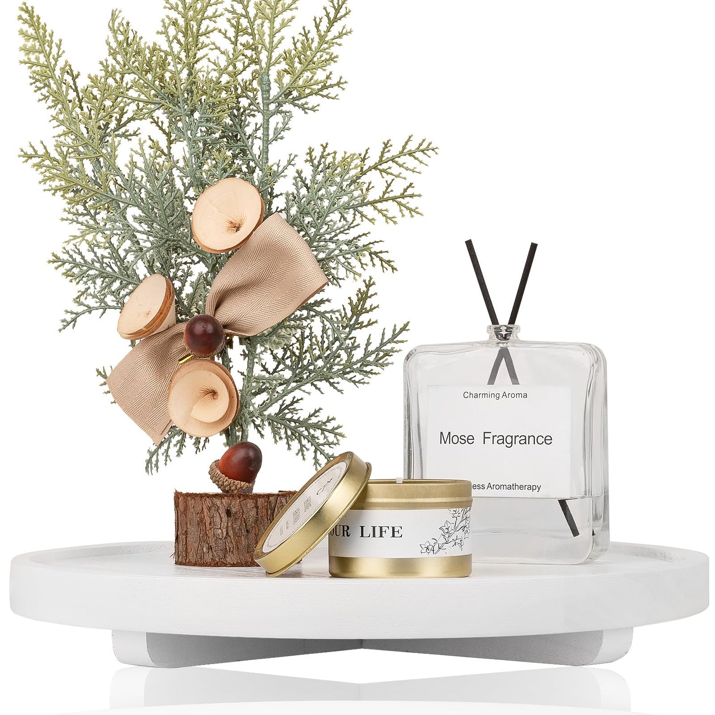 Round Decorative Tray Wood Bathroom Counter Organizer Farmhouse Kitchen Decor Wooden Riser for Soap Dish, Perfume, Candle, Sponge, 10" - Brown