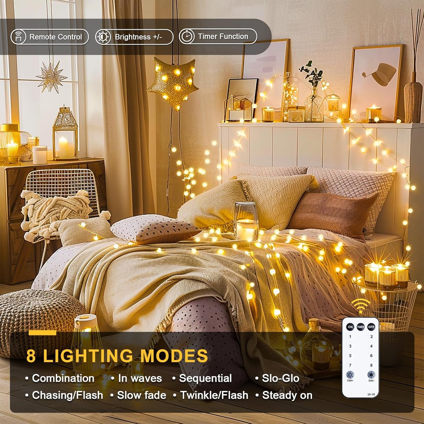 JMEXSUSS 100 LED Connectable Globe String Lights Indoor Bedroom, 33ft Warm White Christmas Lights Plug in with Remote, 8 Mode Hanging Fairy Lights Outdoor for Room Classroom Party Tree Christmas Decor