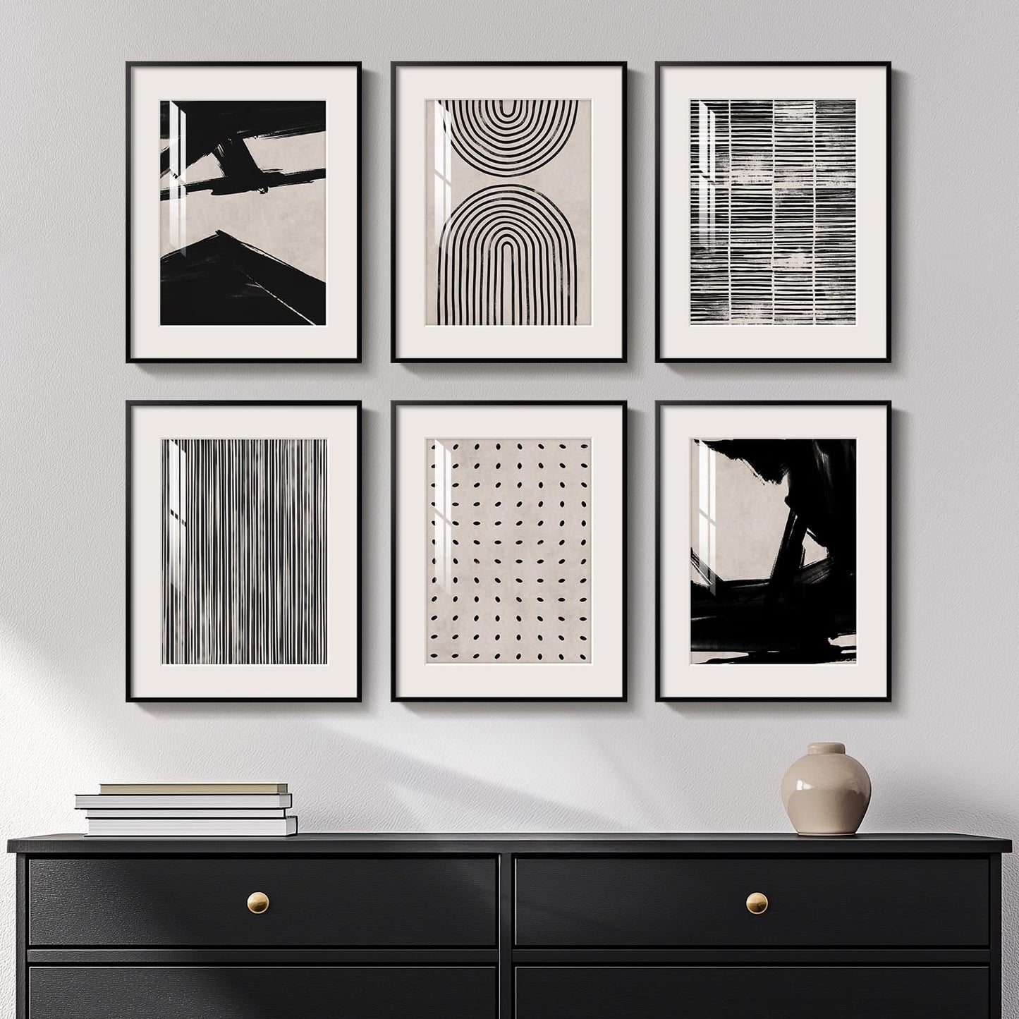 Framed Boho Black and White Brown Modern Abstract Wall Art for Living Room, Set of 6 Bohemian Wall Hanging Artwork, Minimalist Sun Geometric Pictures for Bedroom Office Bathroom Wall Decor 11x14 Inch