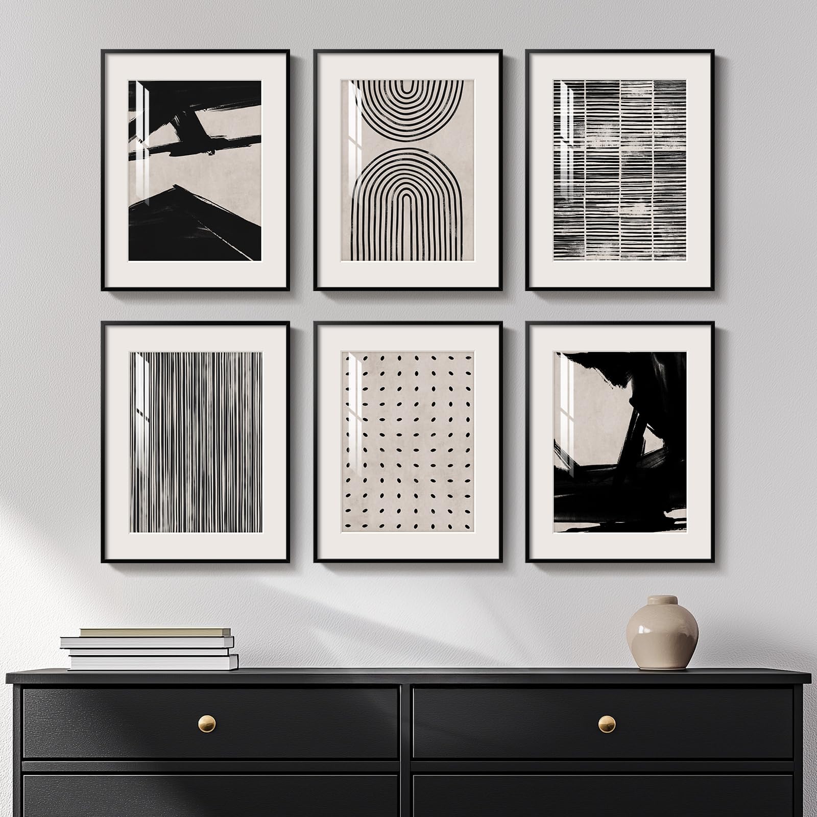 Framed Boho Black and White Brown Modern Abstract Wall Art for Living Room, Set of 6 Bohemian Wall Hanging Artwork, Minimalist Sun Geometric Pictures for Bedroom Office Bathroom Wall Decor 11x14 Inch