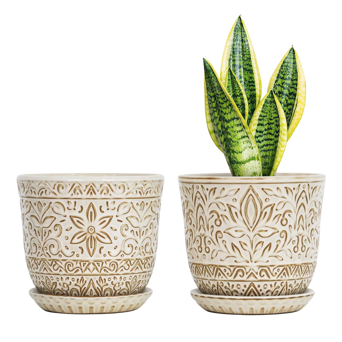 Gepege 6 Inch Beaded Ceramic Planter Set of 2 with Drainage Hole and Saucer for Plants, Indoor-Outdoor Large Round Succulent Orchid Flower Pot (Smoked Gray, Inner-pots not Larger Than 5 Inch)