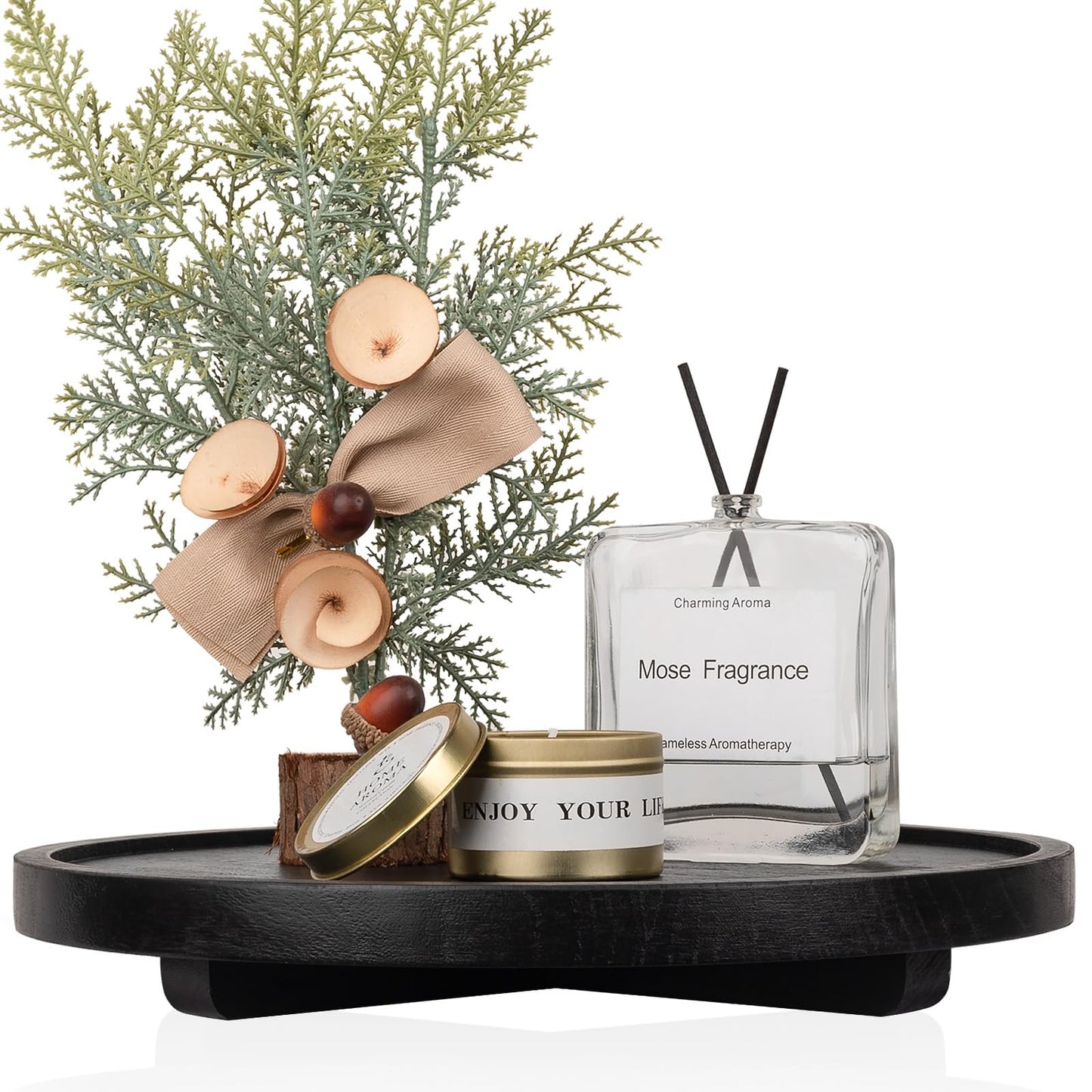 Round Decorative Tray Wood Bathroom Counter Organizer Farmhouse Kitchen Decor Wooden Riser for Soap Dish, Perfume, Candle, Sponge, 10" - Brown