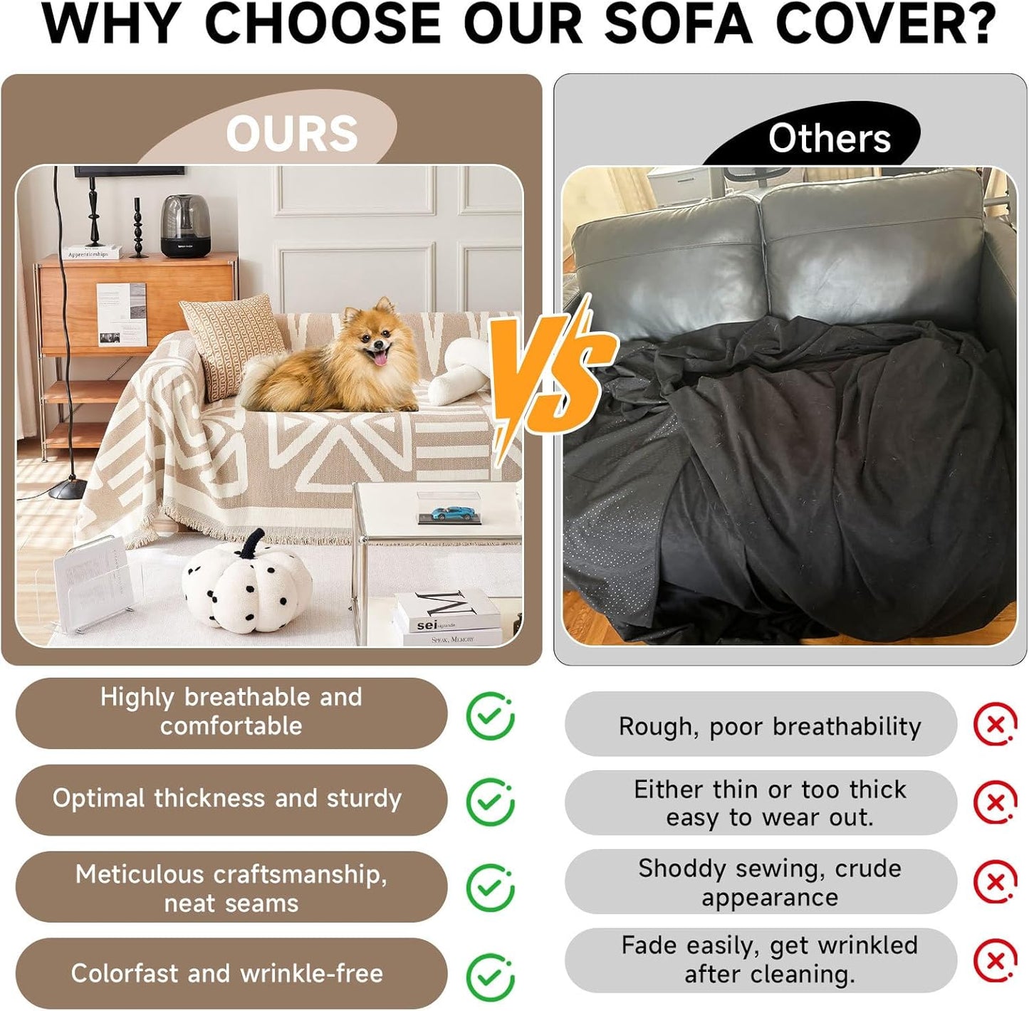 VClife Boho Couch Cover for 3 Cushion Couch Chenille Sofa Cover Sectional Sofa Cover for Dog, Modern Khaki Sofa Slipcover Washable Couch Covers for L-Shape Sofa Reversible Sofa Protector 71''x134''