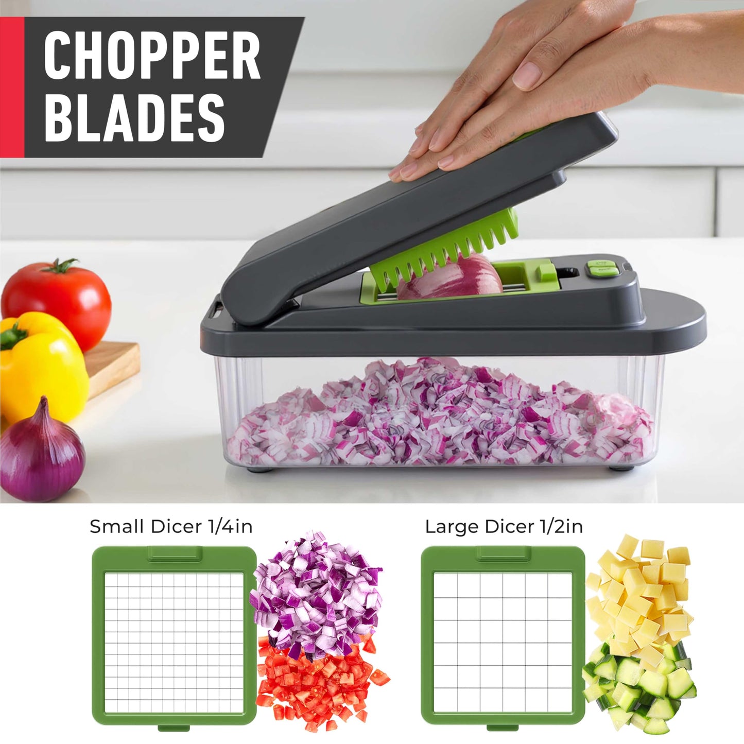 Mueller Pro-Series All-in-One, 12 Blade Mandoline Slicer for Kitchen, Food Chopper, Vegetable Slicer and Spiralizer, Cutter, Dicer, Grater, Kitchen Gadgets Sets with Container, White Sand/Gray
