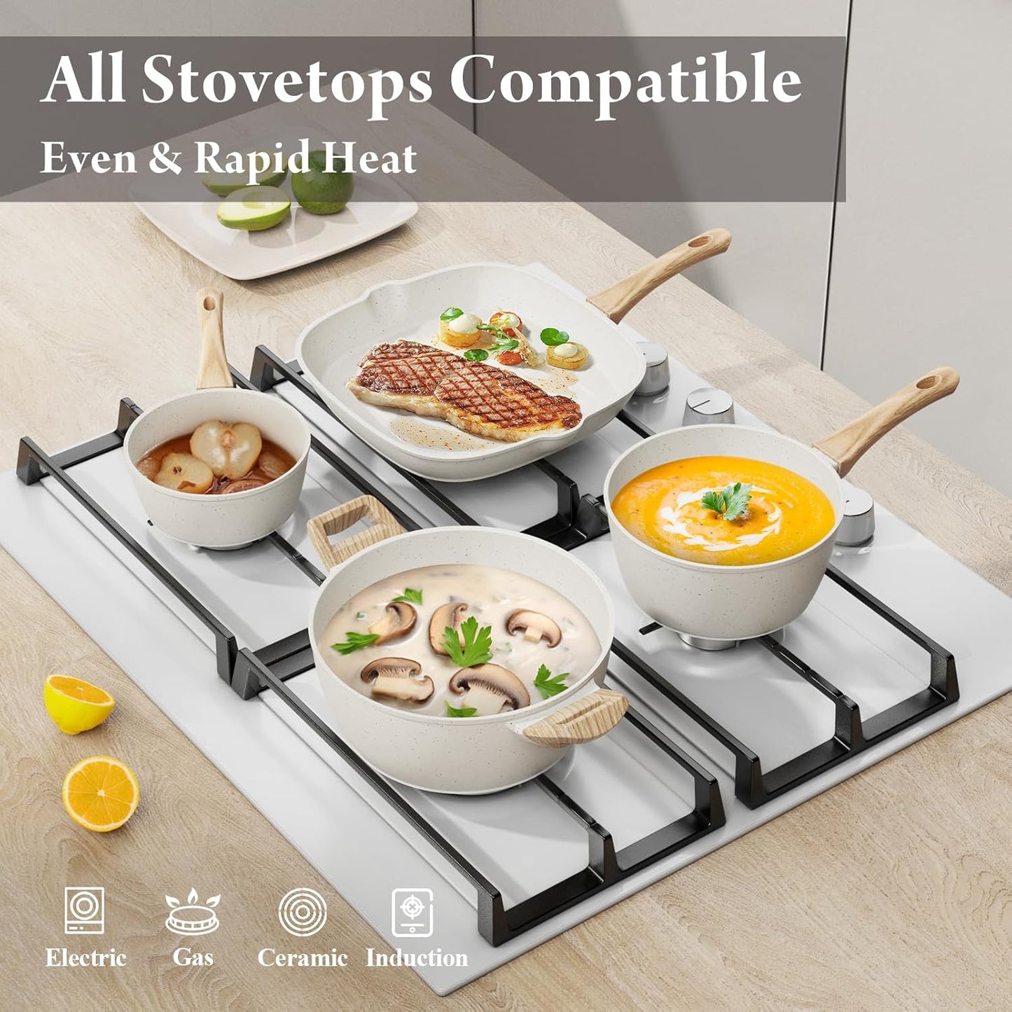 24 Pcs Pots and Pans Set Non Stick Ceramic Cookware Set,Healthy Non Toxic Kitchen Cookware Sets with Large Capacity,Induction Compatible,PFAS/PTFE/PFOA/PFOS Free,Cream White