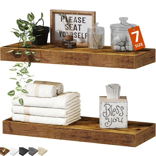 QEEIG Bathroom Floating Shelves for Wall Mounted Shelf Over Toilet Farmhouse Home Decor Display Shelving Small 16 inch Set of 2, Rustic Brown (008-40BN)