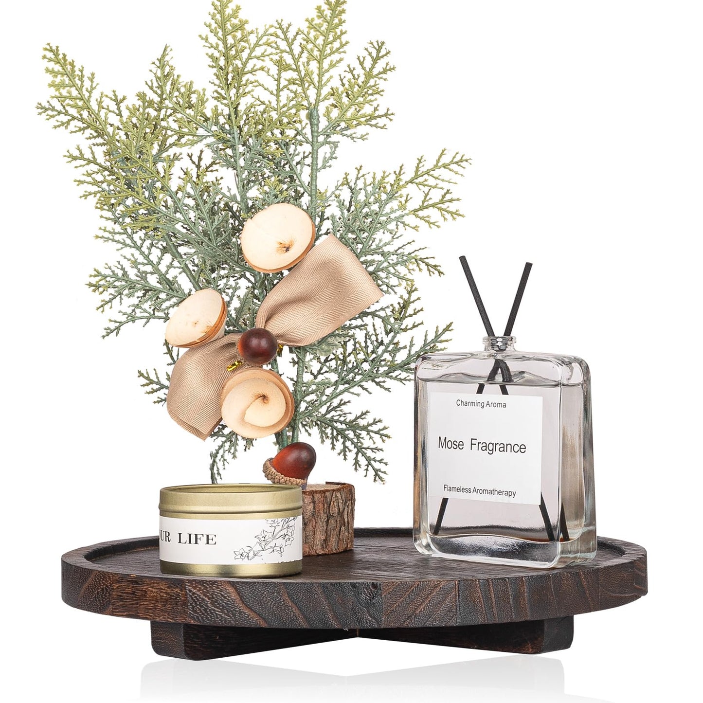 Round Decorative Tray Wood Bathroom Counter Organizer Farmhouse Kitchen Decor Wooden Riser for Soap Dish, Perfume, Candle, Sponge, 10" - Brown