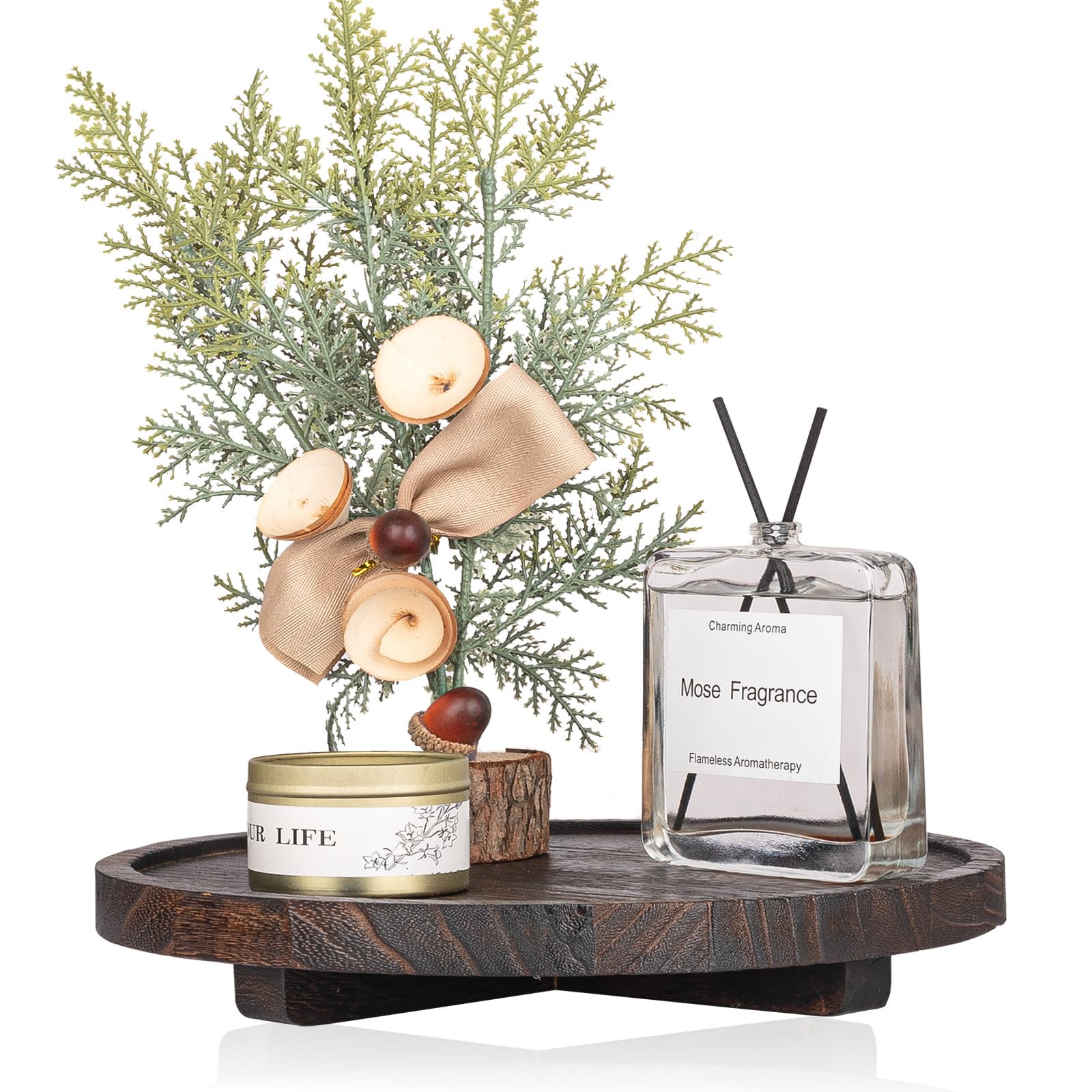 Round Decorative Tray Wood Bathroom Counter Organizer Farmhouse Kitchen Decor Wooden Riser for Soap Dish, Perfume, Candle, Sponge, 10" - Brown