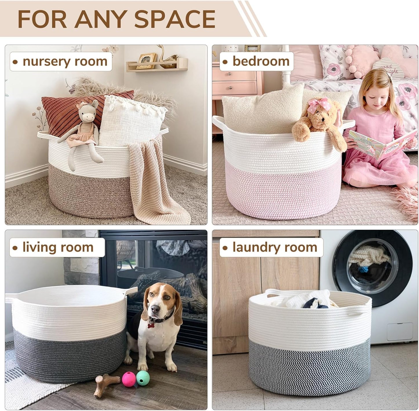 INDRESSME XXXLarge Cotton Rope Basket 21.7" x 21.7" x 13.8" Woven Baby Laundry Blanket Basket Toy Baskets with Handle Storage Comforter Cushions Thread Laundry Hamper Home Decor Living Room