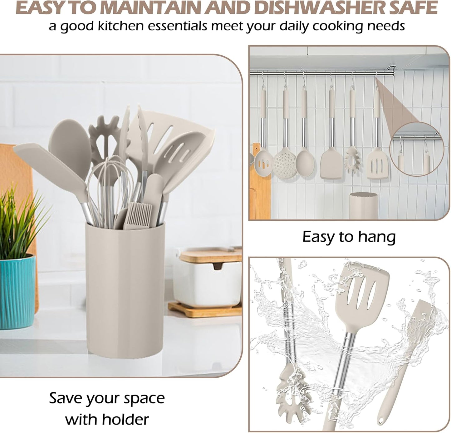 HaWare 29 PCS Silicone Cooking Utensils Set, Heat Resistant Kitchen Utensils Set with Stainless Steel Handle, Spatula Sets with Holder and Hooks, Kitchen Tools Gadgets for Nonstick Cookware -Khaki