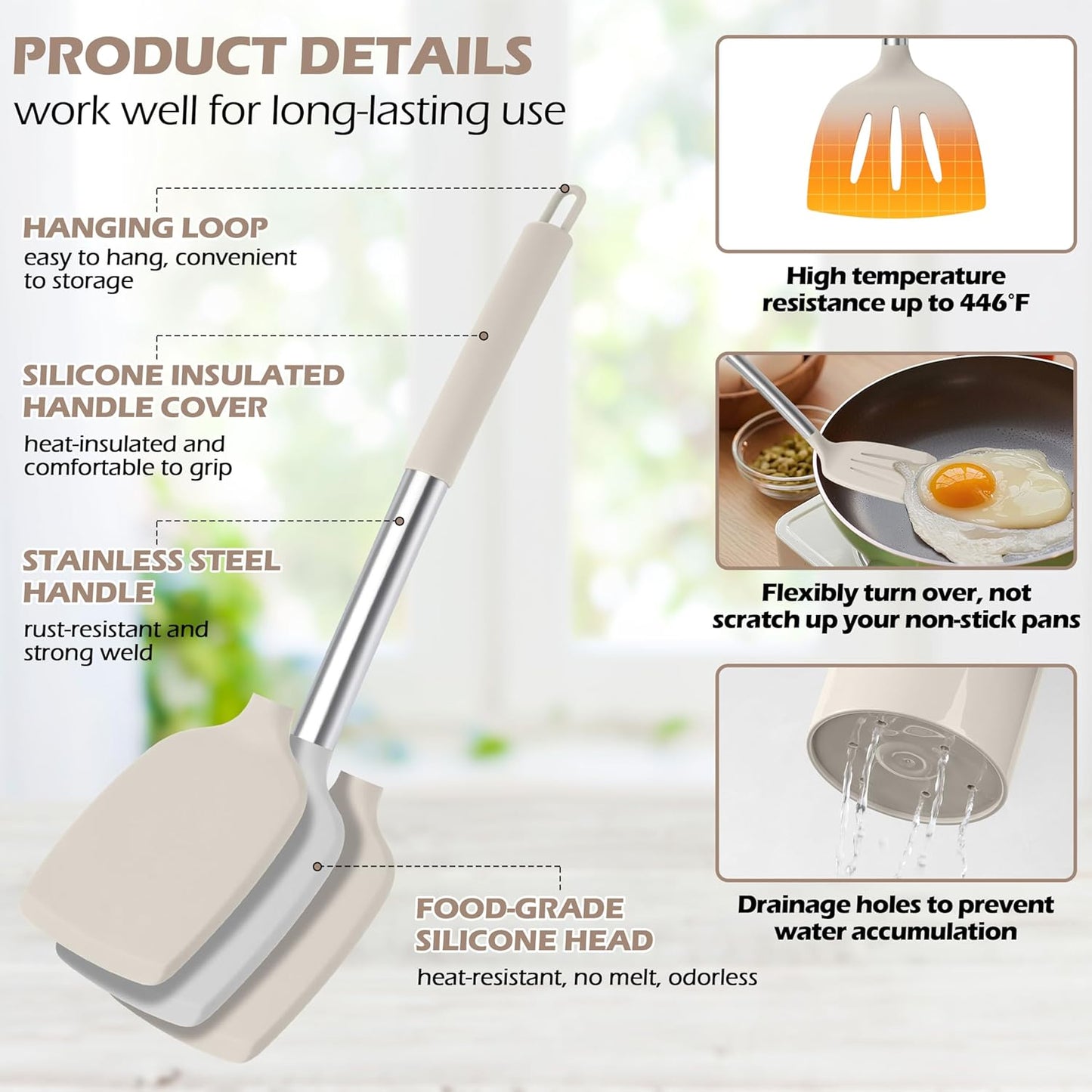 HaWare 29 PCS Silicone Cooking Utensils Set, Heat Resistant Kitchen Utensils Set with Stainless Steel Handle, Spatula Sets with Holder and Hooks, Kitchen Tools Gadgets for Nonstick Cookware -Khaki