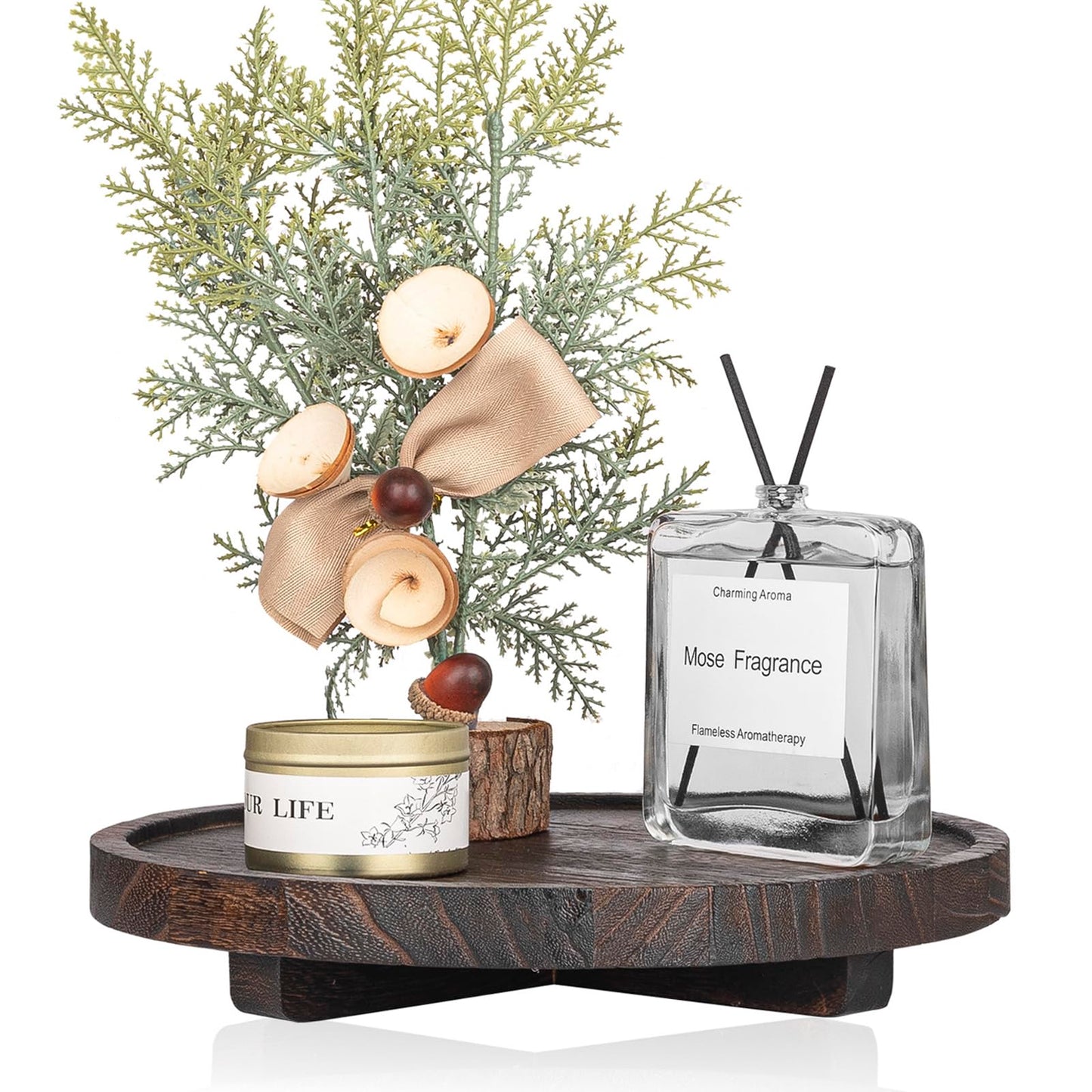 Round Decorative Tray Wood Bathroom Counter Organizer Farmhouse Kitchen Decor Wooden Riser for Soap Dish, Perfume, Candle, Sponge, 10" - Brown