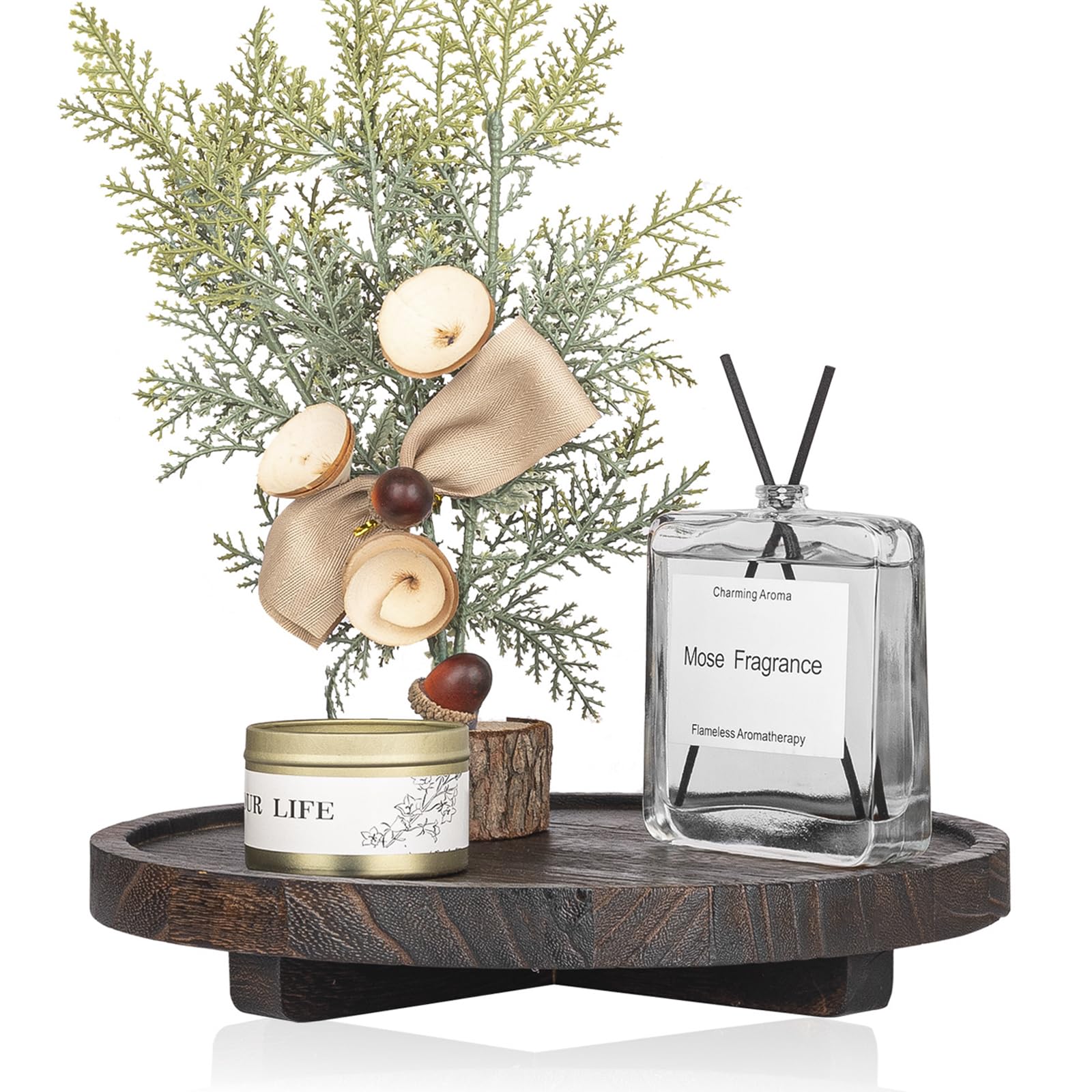 Round Decorative Tray Wood Bathroom Counter Organizer Farmhouse Kitchen Decor Wooden Riser for Soap Dish, Perfume, Candle, Sponge, 10" - Brown