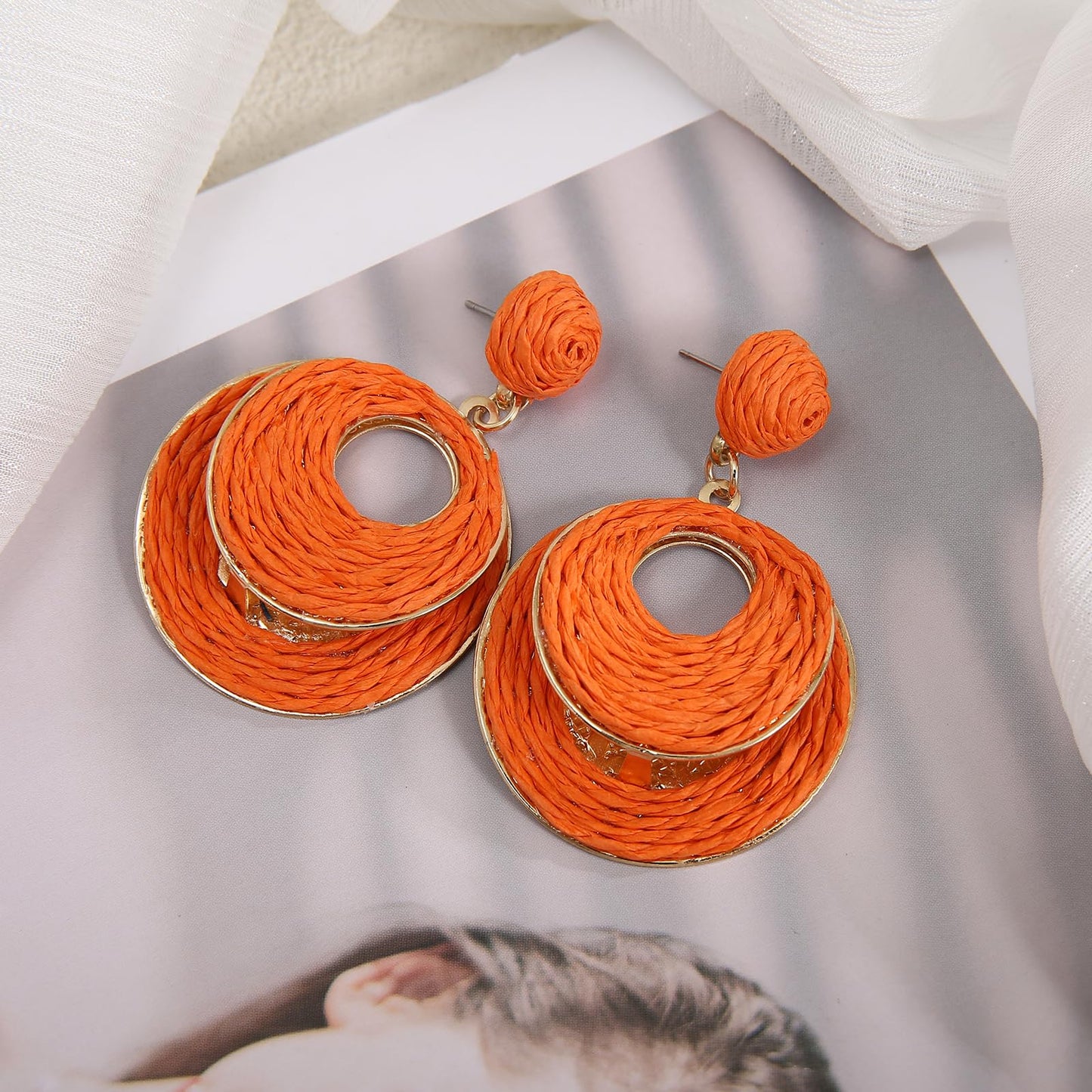RUOFFETA Handmade Raffia Hoop Earrings for Women - Lightweight Boho Dangle Jewelry, Summer Beach Vacation Accessories, Round Oval Straw Wrap Design(Orange Round)
