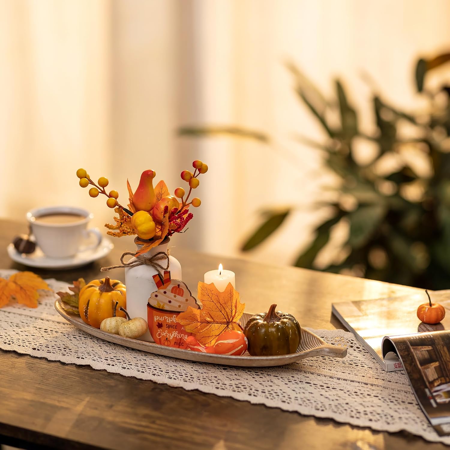 Hanobe Leaf Wooden Decorative Tray: Leaf Shaped Wood Key Tray Decor Plate Bowl for Crystal Candle