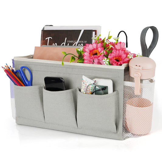 Lilithye Bedside Storage Organizer with Fixed Straps and Water Bottle Holder for Home, College, Dorm, Bunk / Hospital Bed, Crib Bed Rails (Grey)