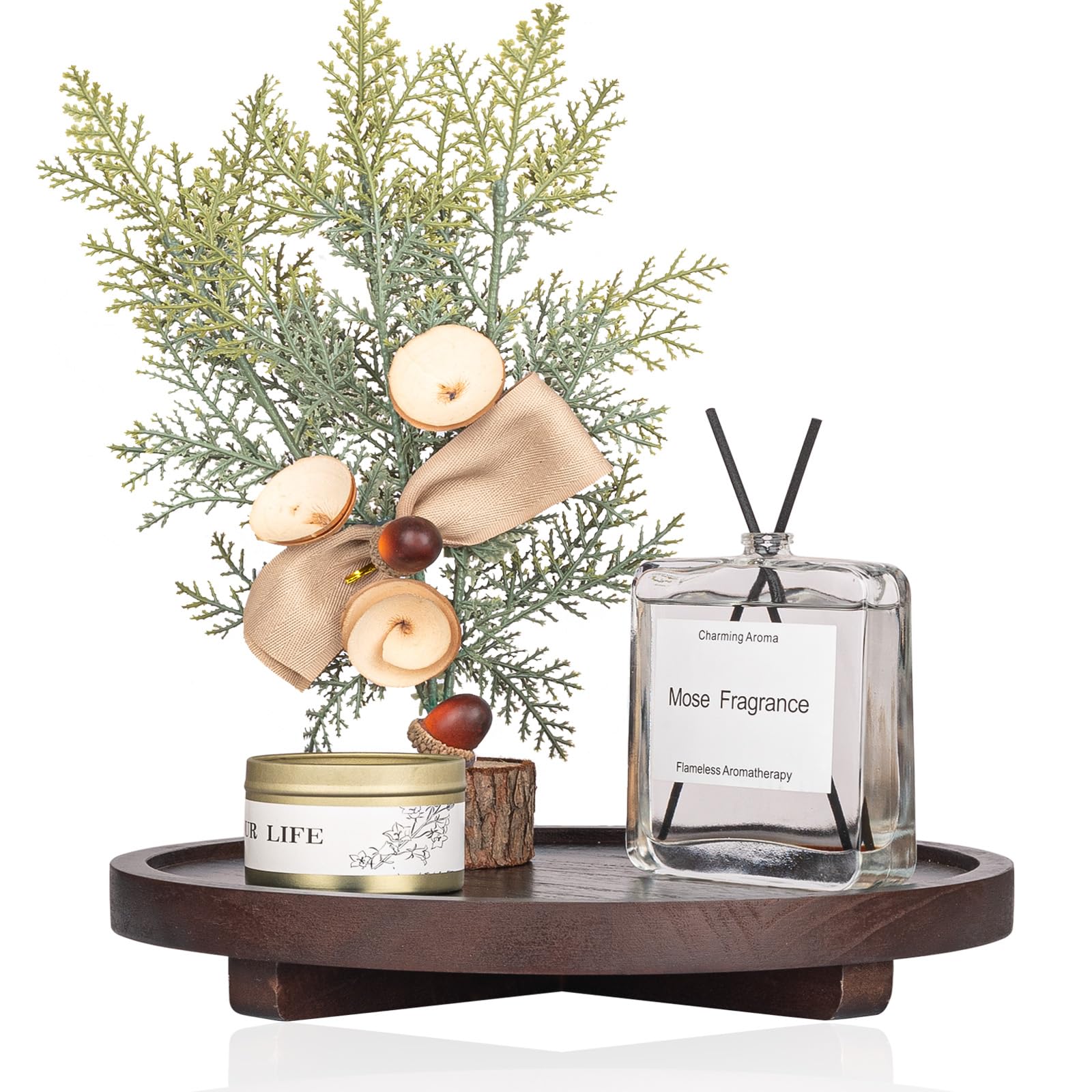 Round Decorative Tray Wood Bathroom Counter Organizer Farmhouse Kitchen Decor Wooden Riser for Soap Dish, Perfume, Candle, Sponge, 10" - Brown