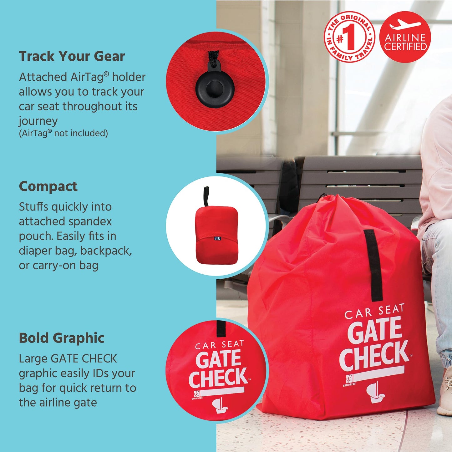 J.L. Childress Gate Check Bag for Car Seats - Travel Bag for Airplane - Includes AIRTAG Holder - Fits All Baby Car Seats, Infant Carriers & Child Booster Seats, Red