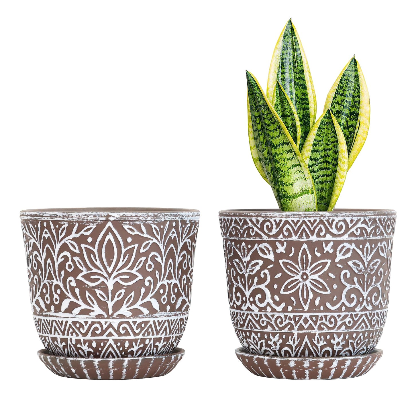Gepege 6 Inch Beaded Ceramic Planter Set of 2 with Drainage Hole and Saucer for Plants, Indoor-Outdoor Large Round Succulent Orchid Flower Pot (Smoked Gray, Inner-pots not Larger Than 5 Inch)