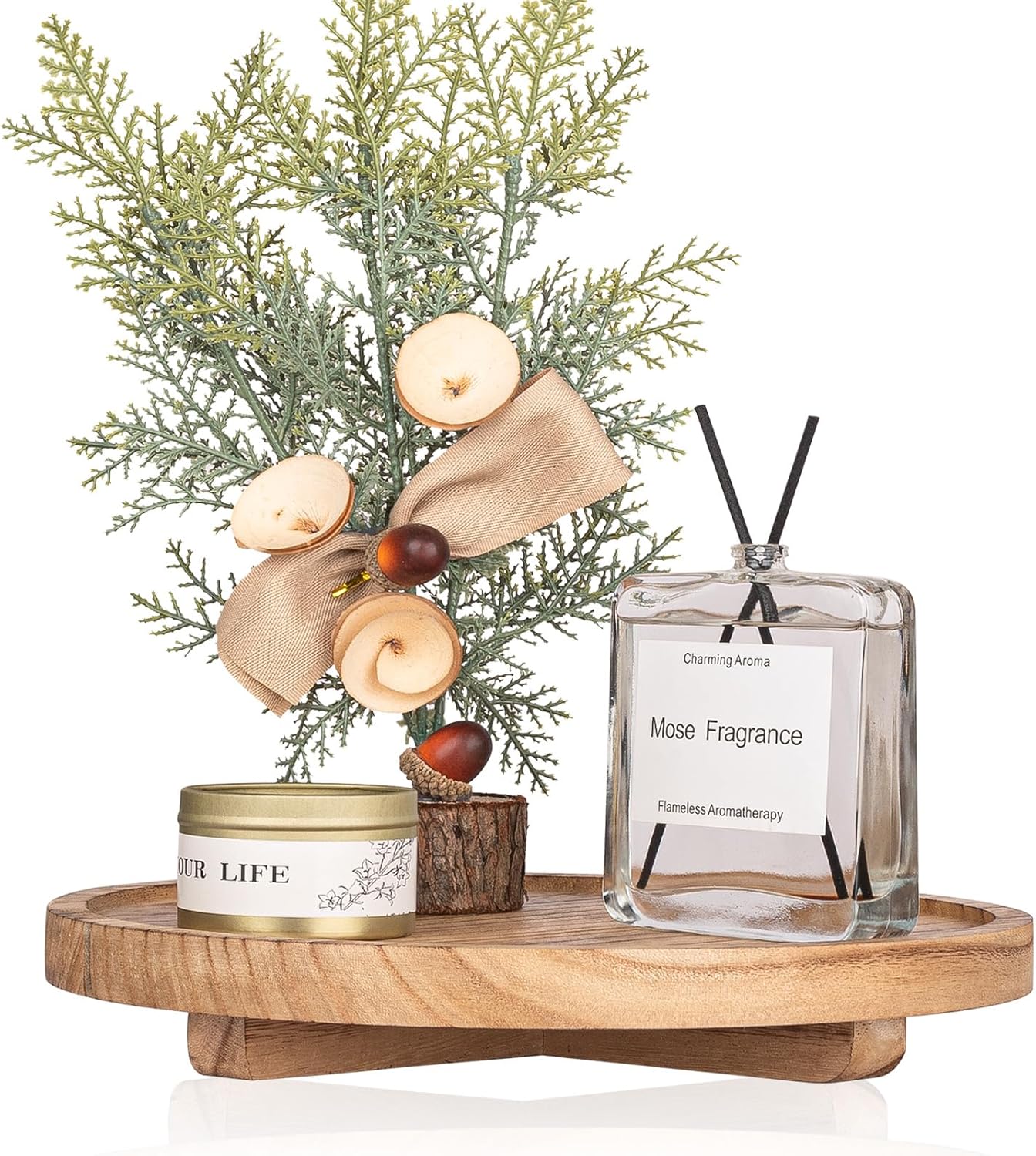 Round Decorative Tray Wood Bathroom Counter Organizer Farmhouse Kitchen Decor Wooden Riser for Soap Dish, Perfume, Candle, Sponge, 10" - Brown