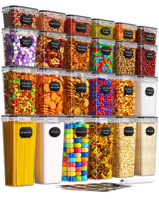 Airtight Food Storage Containers with Lids, 24 PCS Kitchen and Pantry Organization Canisters, BPA-Free, PVC-Free, Food-grade Plastic Leak-proof Jars for Cereal, Flour, Sugar, Extra 24 Labels & Marker