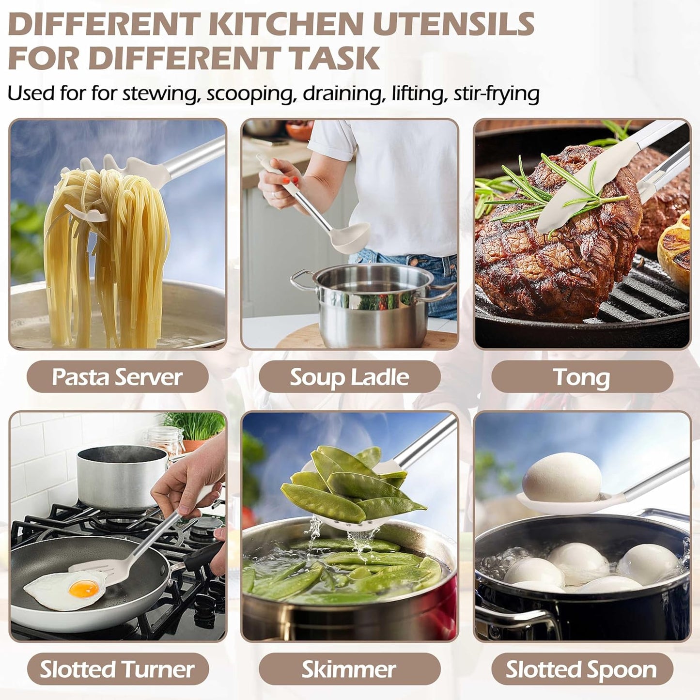 HaWare 29 PCS Silicone Cooking Utensils Set, Heat Resistant Kitchen Utensils Set with Stainless Steel Handle, Spatula Sets with Holder and Hooks, Kitchen Tools Gadgets for Nonstick Cookware -Khaki