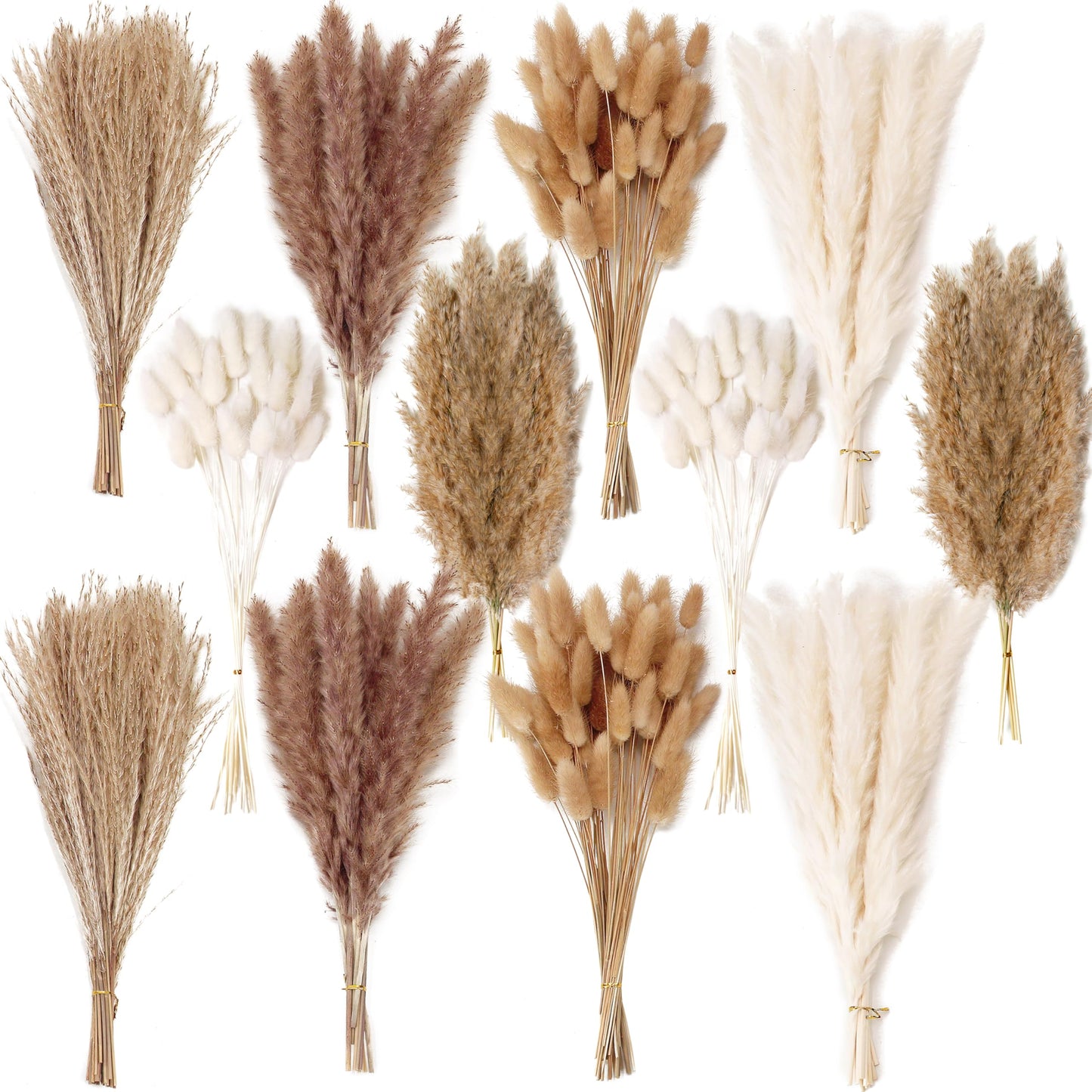 Dried Pampas Grass Decor, 100 Stems Pampas Grass Contains Bunny Tails Dried Flowers, Reed Grass Bouquet for Wedding Boho Flowers Home Table Decor, Rustic Farmhouse Party (17", White and Brown)