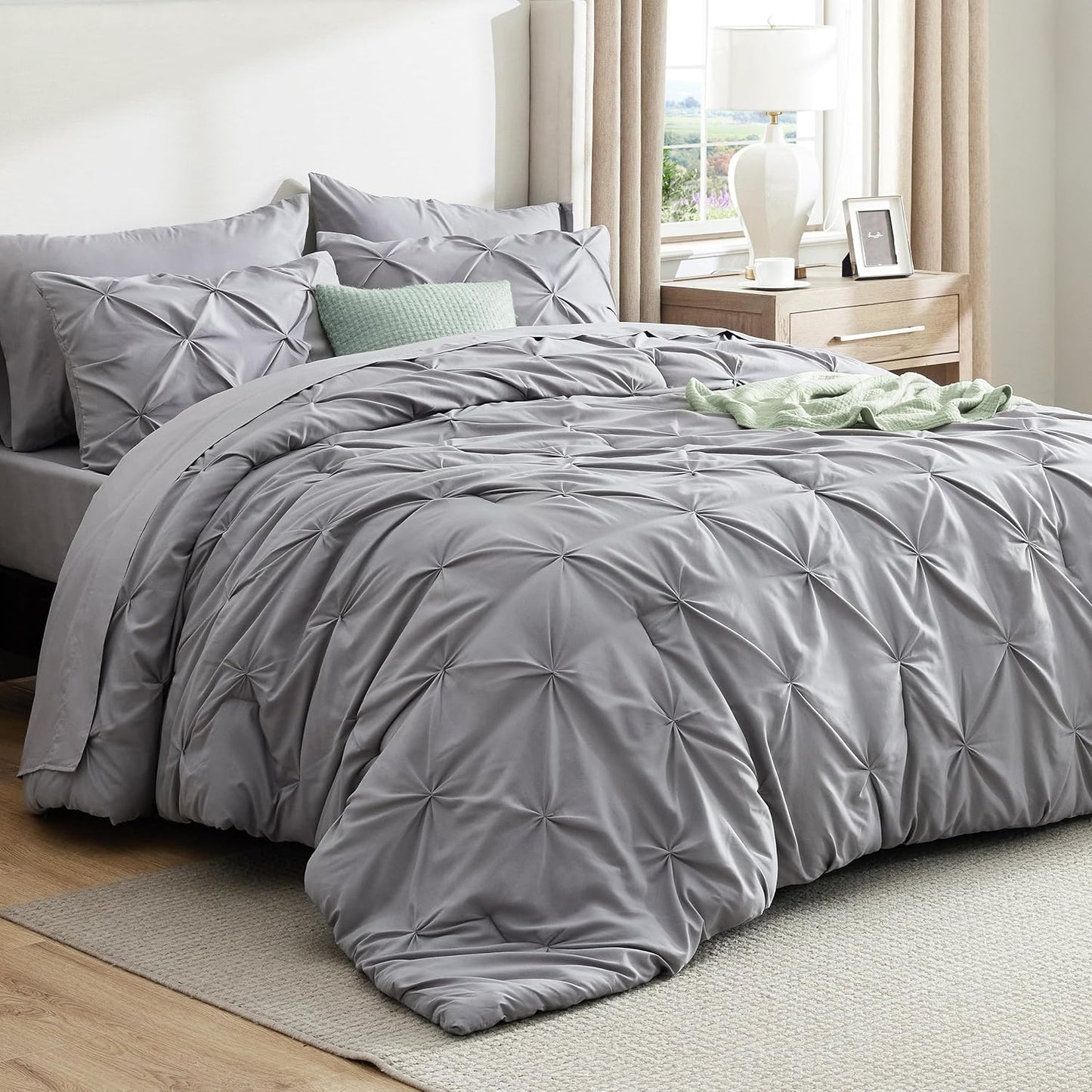 Bedsure Queen Comforter Set Grey - Bed in a Bag Queen Size Bedding 7 Pieces, GentleSoft™ Pintuck Bed Set Gift for Family, Pinch Pleat All Season Comforter with Sheets, Pillowcases & Shams