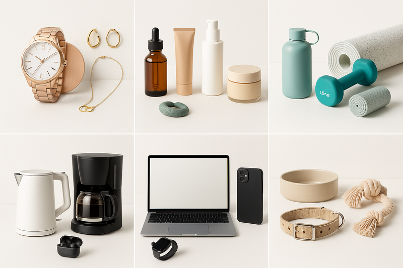 Fashion & Accessories Beauty & Skincare Health, Fitness & Wellness Home & Kitchen Electronics Family & Pets ( This is my collections create me a image according to this)